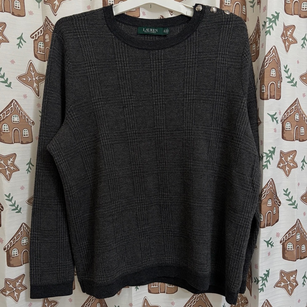 Ralph Lauren Womens Gray Multi Plaid Wool Pull Over Button Sweater